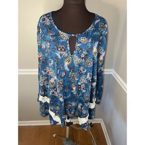 Tru Self Womens Plus Size Boho Pheasant Top Cold Shoulder Keyhole‎ Sz 3X Floral